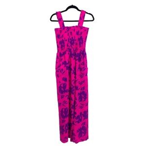 Umgee Women’s Size M Pink Floral Smocked Wide Leg Jumpsuit Resort-wear Brunch